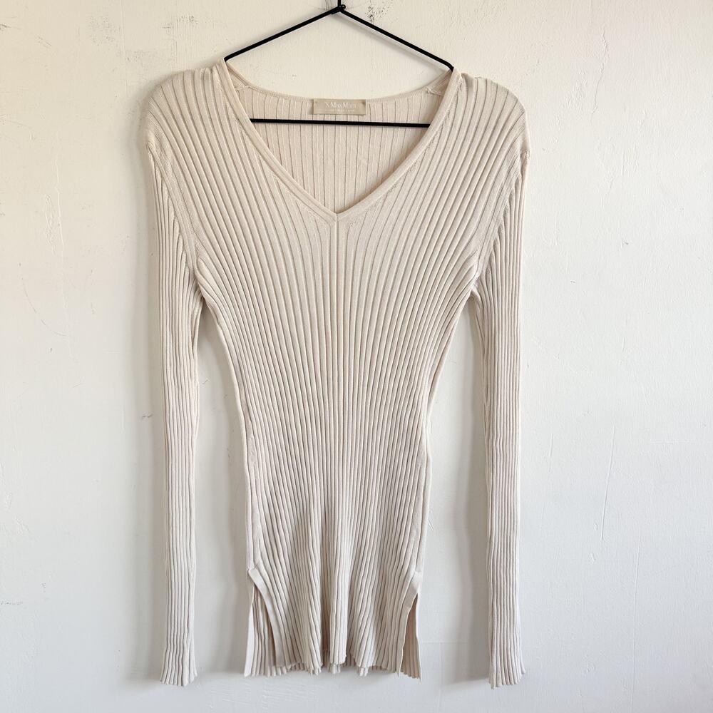 NEW 'S MaxMara Ivory Ribbed Knit V-Neck Sweater S